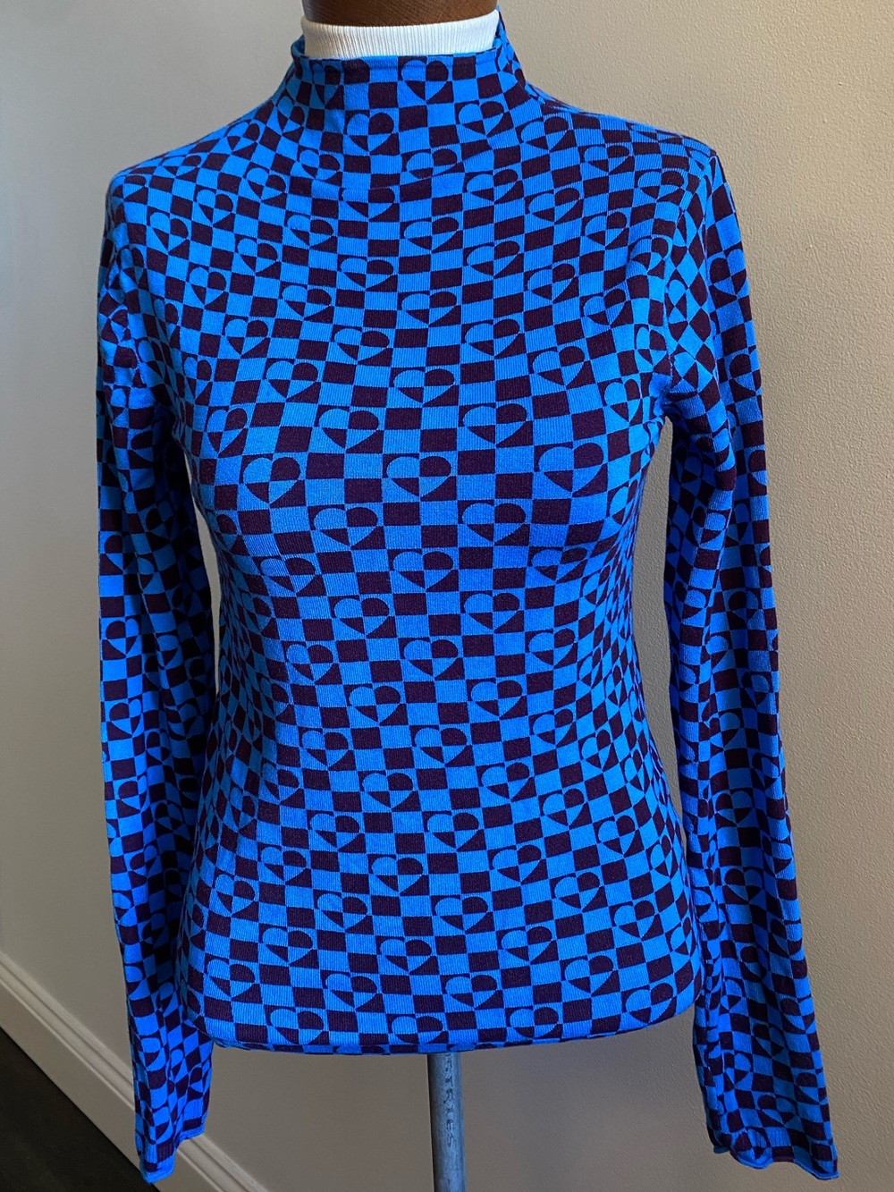 Urban Outfitters Blue Checker Geometric Mock Neck Long Sleeve Top Size Small